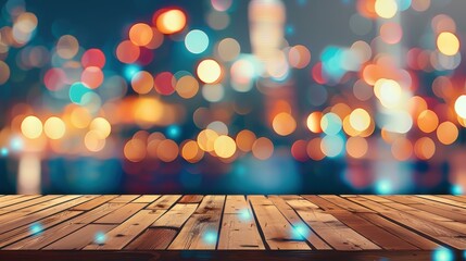 Poster - A serene wood table top against a bokeh of vibrant city night lights, ideal for showcasing your creative design projects.