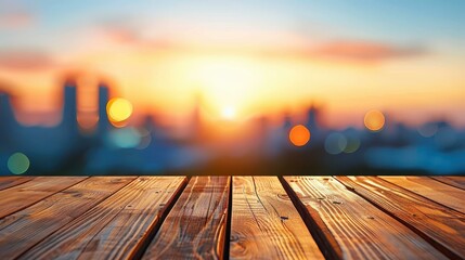 Poster - A serene wood table top against a bokeh of vibrant city night lights, ideal for showcasing your creative design projects.