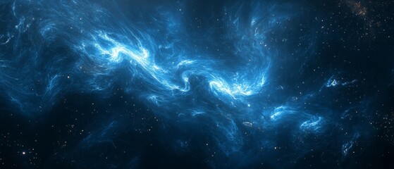 Wall Mural - An abstract digital art background featuring deep blue and dark black colors, with swirling clouds of stars that form the shape of cloud-like structures in space. The sky is filled with twinkling 