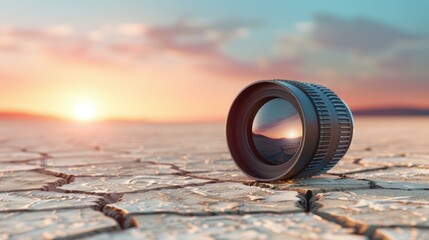 Canvas Print - A camera lens catches soft sunset rays, set against a textured ground and dreamy mountain backdrop, sparking creativity.