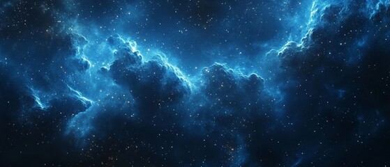 Wall Mural - An abstract digital art background featuring deep blue and dark black colors, with swirling clouds of stars that form the shape of cloud-like structures in space. The sky is filled with twinkling 