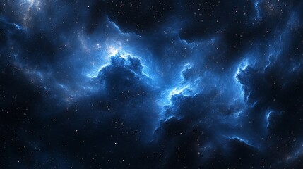 Wall Mural - An abstract digital art background featuring deep blue and dark black colors, with swirling clouds of stars that form the shape of cloud-like structures in space. The sky is filled with twinkling 