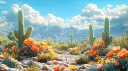 Poster - A desert landscape with tall cacti, colorful wildflowers and a mountain range in the background.