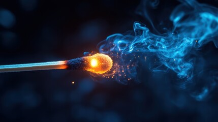 Macro shot of an unlit matchstick with smoke on dark background. Generative AI.