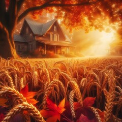 Wall Mural - autumn landscape with a house in autumn seasons