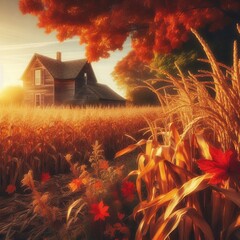 Wall Mural - autumn landscape with a house in autumn