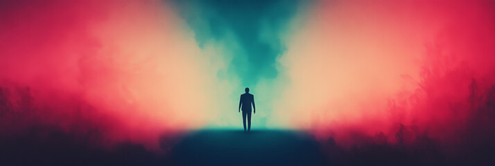 Poster - Silhouette of a man standing in a colorful, foggy landscape.