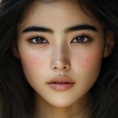 Poster - Capture a stunning hyperrealistic portrait of an Asian model showcasing her exquisite facial features and captivating gaze.