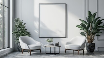 Wall Mural - Showcase your artwork or promotions with this chic mockup of a sophisticated poster frame against a pristine white backdrop.