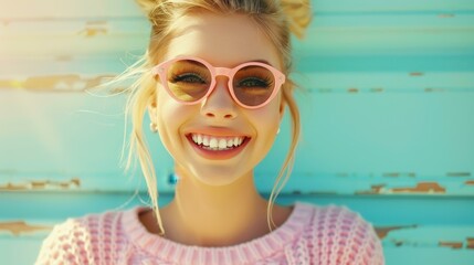 Poster - A cheerful young woman basks in sunlight, radiating joy against a vibrant blue wall that enhances her positivity.