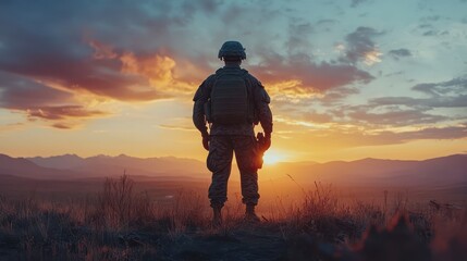 Military male soldier with the USA flag copy space background Memorial National Day, Veterans Day banner.