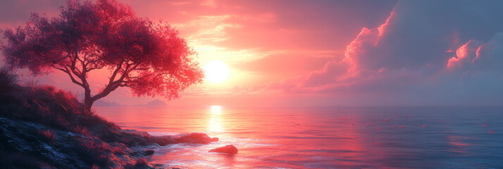 Poster - A lone tree stands on a rocky shore as the sun sets over the ocean, casting a warm glow on the sky and water.