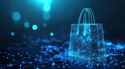 Wall Mural - digital shopping bag on a blue background with bokeh.