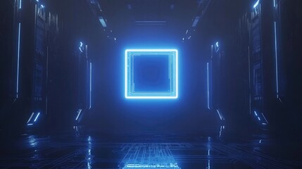 Wall Mural - Futuristic hallway with blue neon light.