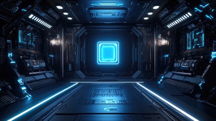 Wall Mural - Futuristic sci-fi spaceship corridor with glowing blue lights and a large square panel in the center.