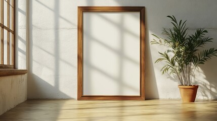 Wall Mural - Wooden frame in a bright interior Mockup. Vertical picture lighted by the sun with soft shadows. Generative ai