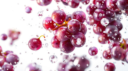 A bunch of red grapes floats in the air, surrounded by water droplets. The concept of freshness and vitality. A delicious organic snack. A natural product. Food background. Washing grapes