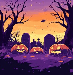 Three jack-o'-lanterns with spooky grins sit in front of a graveyard with a setting sun and bats flying overhead.