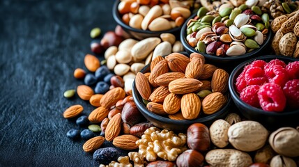 Assorted nuts and berries in bowls on a dark surface, healthy snack concept.