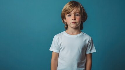 Wall Mural - Male child, boy wearing bella canvas white shirt mockup, at blue background. Design tshirt template, print presentation mock-up. AI generated.