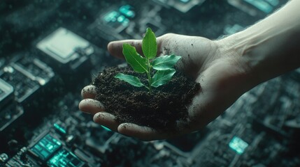 A hand holding a small plant with soil, representing the growth of nature in a technological environment.