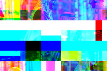 Abstract glitch art background with blurred figures.