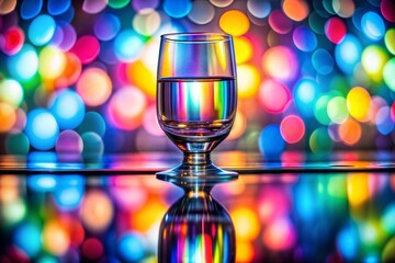 Wall Mural - glass of water on reflective surface with colorful bokeh