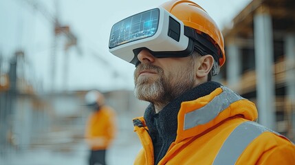 Construction Worker Wearing VR Headset at a Building Site