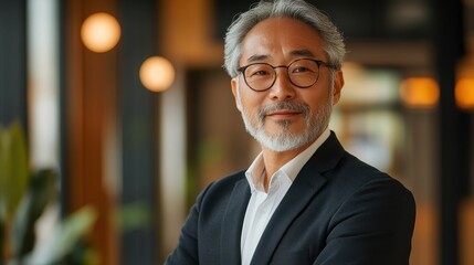 Wall Mural - Portrait of a confident senior mature Asian businessman in formal wear, emphasizing professionalism and success with copy space