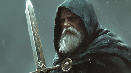 Wall Mural - Hooded old warrior. generate ai. Enchanted Sword. Illustration