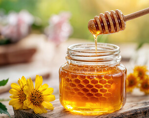 Honey dripping from honey dipper into glass jar on sunny day