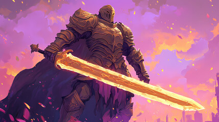 Poster - Icon of a legendary warrior with ornate armor wielding a massive enchanted sword generative ai. Enchanted Sword. Illustration