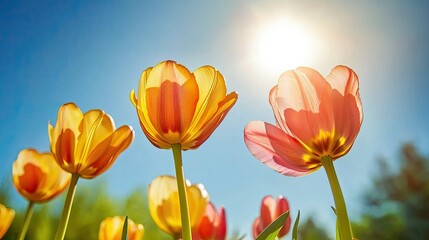 Wall Mural - Close-up of three pink and yellow tulips blooming under the sun.