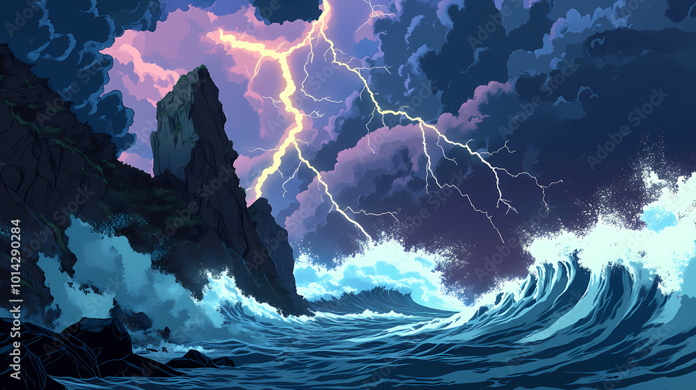 Powerful storm brewing over ocean with dark waves crashing against ...