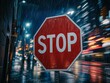 © Amara - Vibrant Red Stop Sign in Rainy Urban Night - Symbol of Caution and Isolation, Melancholic Atmosphere for Editorial, Advertising Use