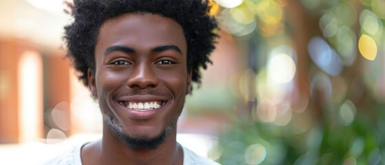 Close-up of a young African-American man with a friendly smile, looking at the camera