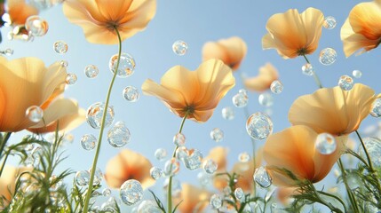 Wall Mural - Orange poppies with water drops rising against blue sky.