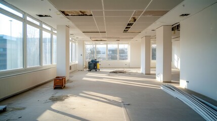 Room in an empty office building Office renovation, interior, daylight, full of equipment.