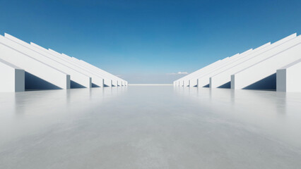 Fototapete - 3d render of abstract modern concrete architecture with empty cement floor, minimal exterior, car presentation background