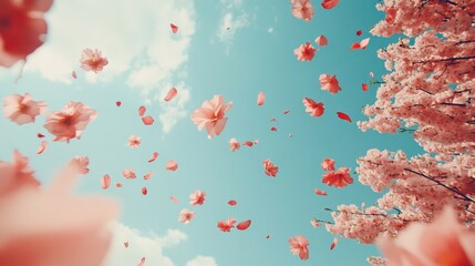 Wall Mural - Pink cherry blossom petals falling against a blue sky.