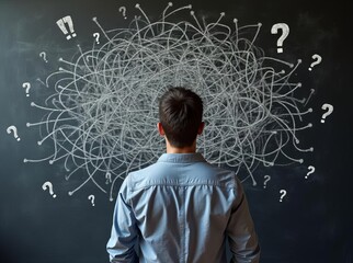 Wall Mural - confused man with questions: problem-solving and decision-making challenges in complex situations