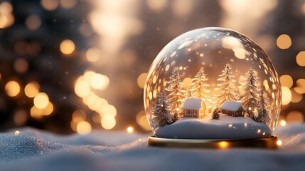 3D render of a glowing snow globe with white gold decorations peaceful holiday scene