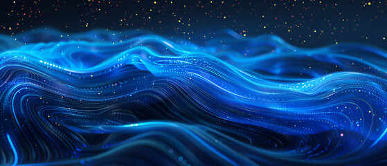 Abstract background design: 3d rendering of abstract blue digital waves with depth of field and bokeh effect ,abstract blue background with glowing particles