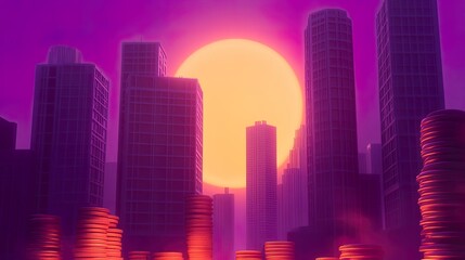 Urban skyline with sunset and stacks of coins.