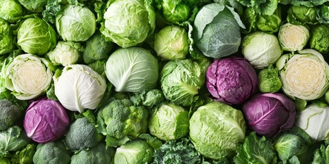 Poster - A vibrant array of fresh cabbages showcasing various colors and sizes. This image highlights the beauty of vegetables in nature. Perfect for food-related projects or nutritional content. AI