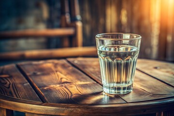 Poster - Clear water glass on rustic table with natural light