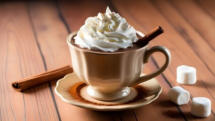 A cozy scene of a steaming cup of hot cocoa topped with whipped cream and sprinkled with cocoa powder.