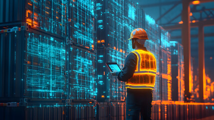 Poster - futuristic industrial cargo warehouse management shipping yard containers engineer worker tablet ove