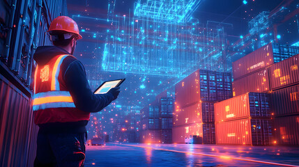 Poster - futuristic industrial cargo warehouse management shipping yard containers engineer worker tablet ove
