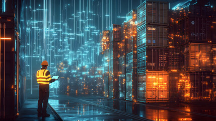 Poster - futuristic industrial cargo warehouse management shipping yard containers engineer worker tablet ove
